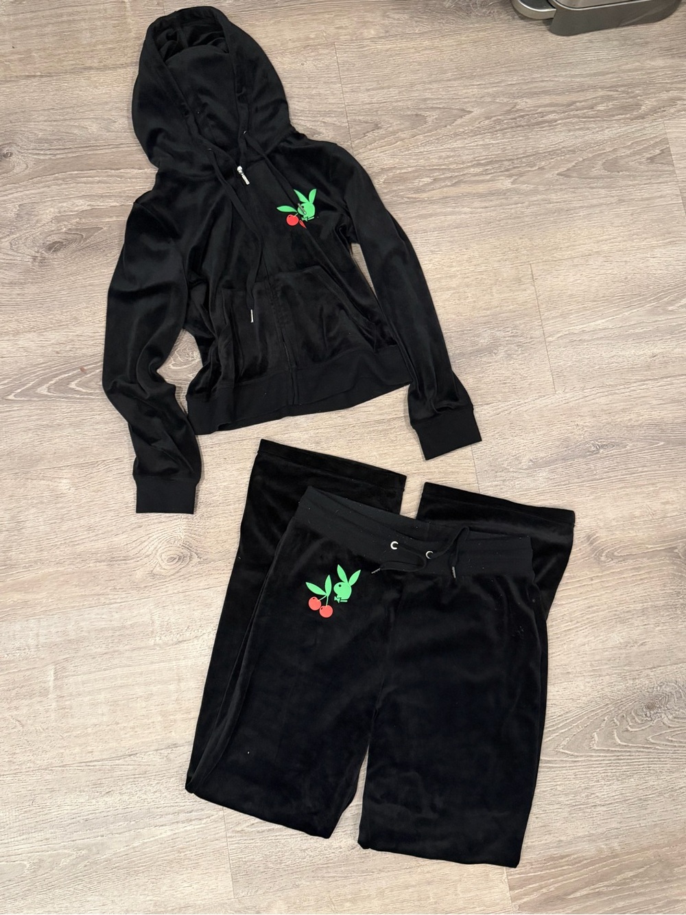 Fashion Nova Black Velour Hoodie & Jogger Set with Green and Red Cherry Accent